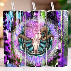 Boho Bull Skull Skinny 20 oz Stainless Steel Mug Cup NEW